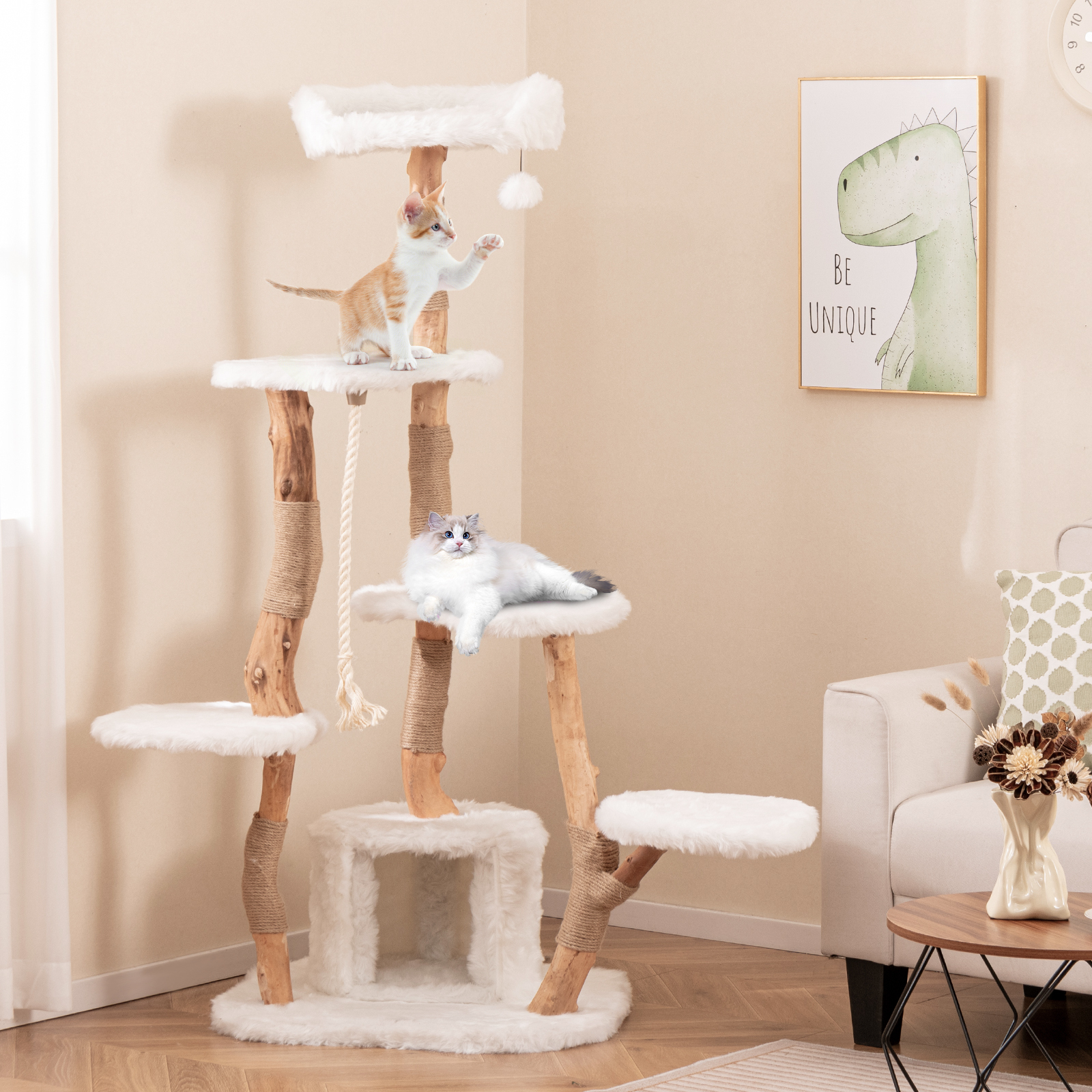 Furfurst 168cm Tall Solid Wood Cat Tree Modern Wooden Cat Tower with Perch