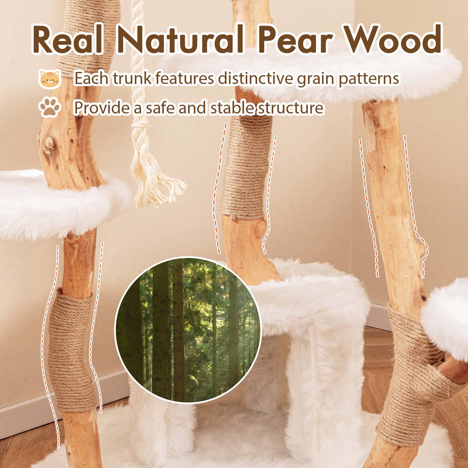 Furfurst 168cm Tall Solid Wood Cat Tree Modern Wooden Cat Tower with Perch