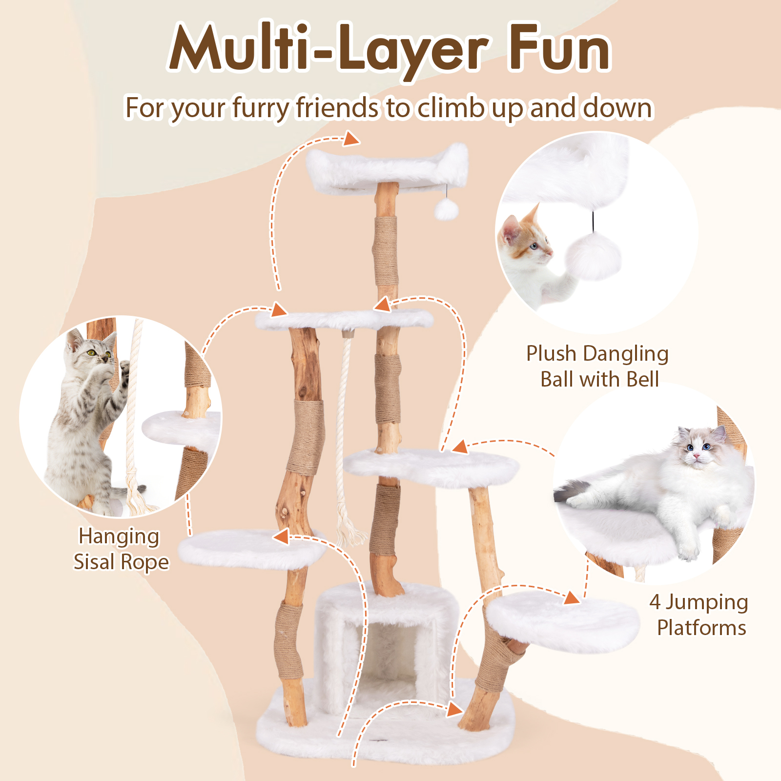 Furfurst 168cm Tall Solid Wood Cat Tree Modern Wooden Cat Tower with Perch