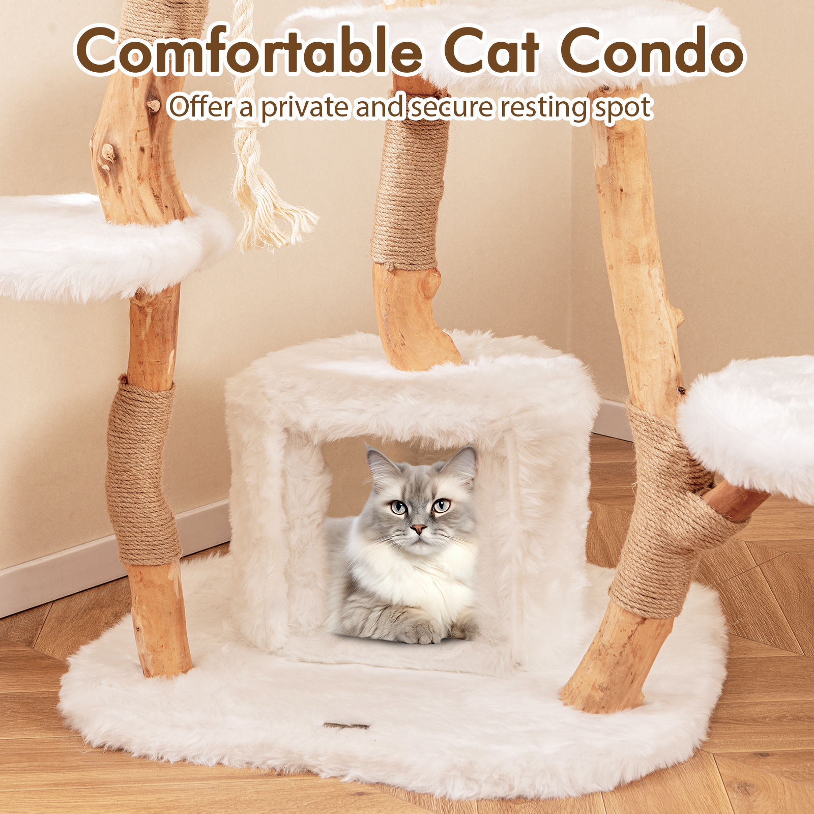Furfurst 168cm Tall Solid Wood Cat Tree Modern Wooden Cat Tower with Perch