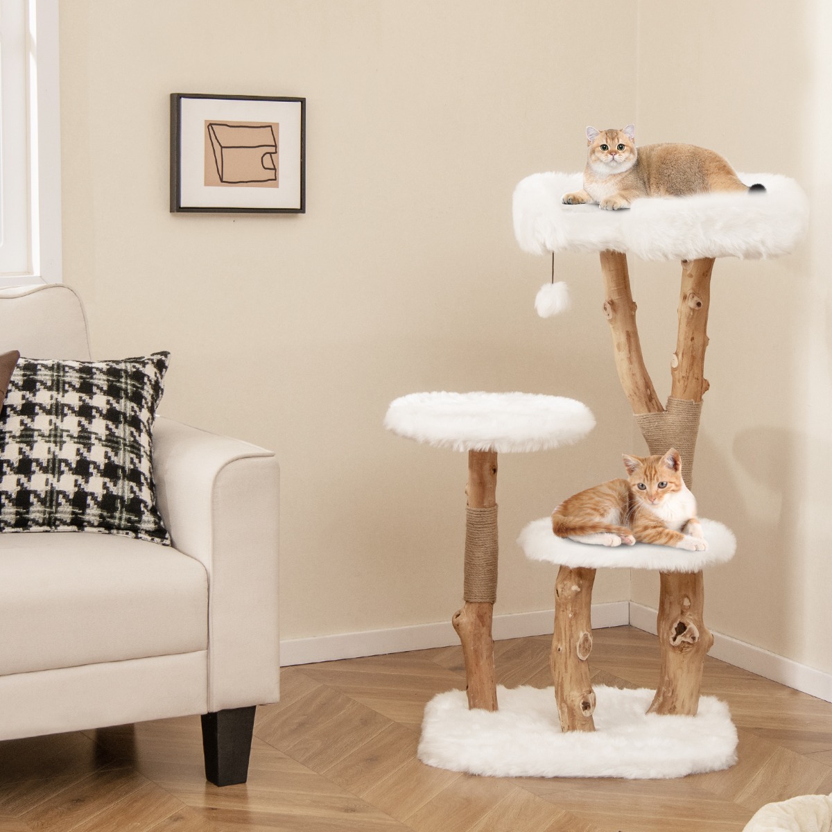 Furfurst Solid Wood Cat Tree with Perch and Natural Jute Scratching Posts