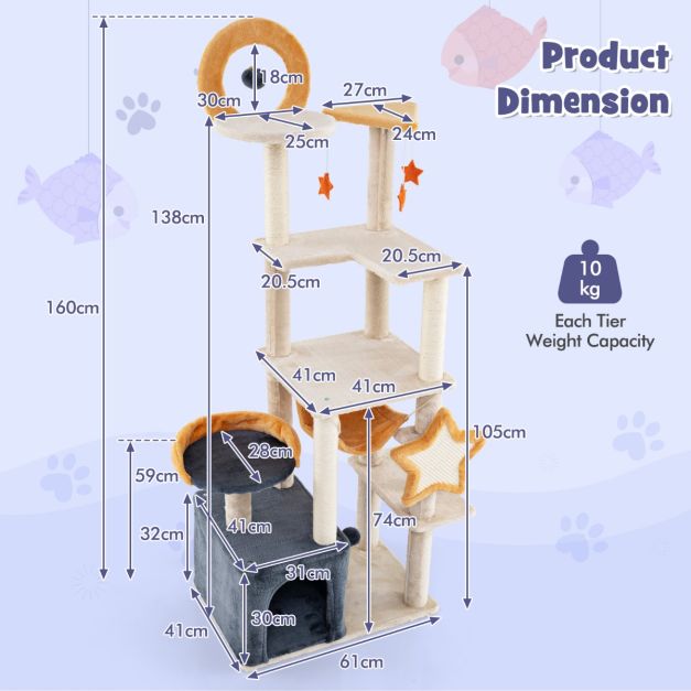 160cm Cute Cat Tree for Indoor Cats with Sisal Scratching Posts and Board