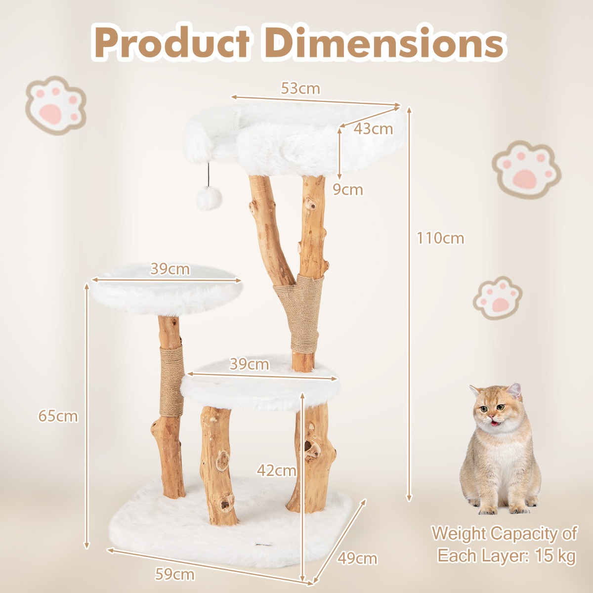 Furfurst Solid Wood Cat Tree with Perch and Natural Jute Scratching Posts