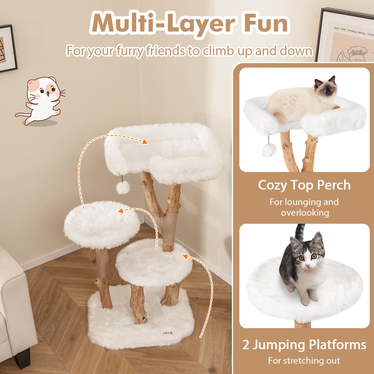 Furfurst Solid Wood Cat Tree with Perch and Natural Jute Scratching Posts