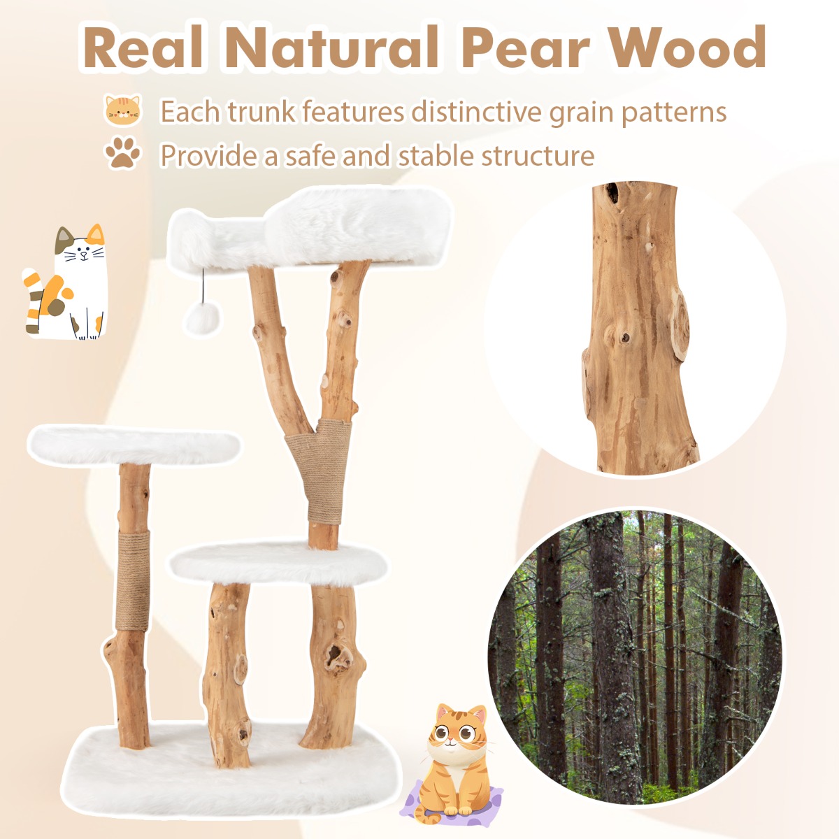 Furfurst Solid Wood Cat Tree with Perch and Natural Jute Scratching Posts