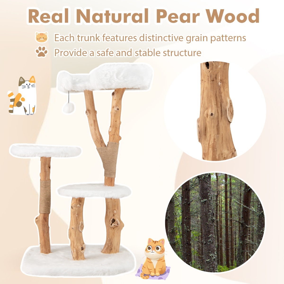 Furfurst Solid Wood Cat Tree with Perch and Natural Jute Scratching Posts