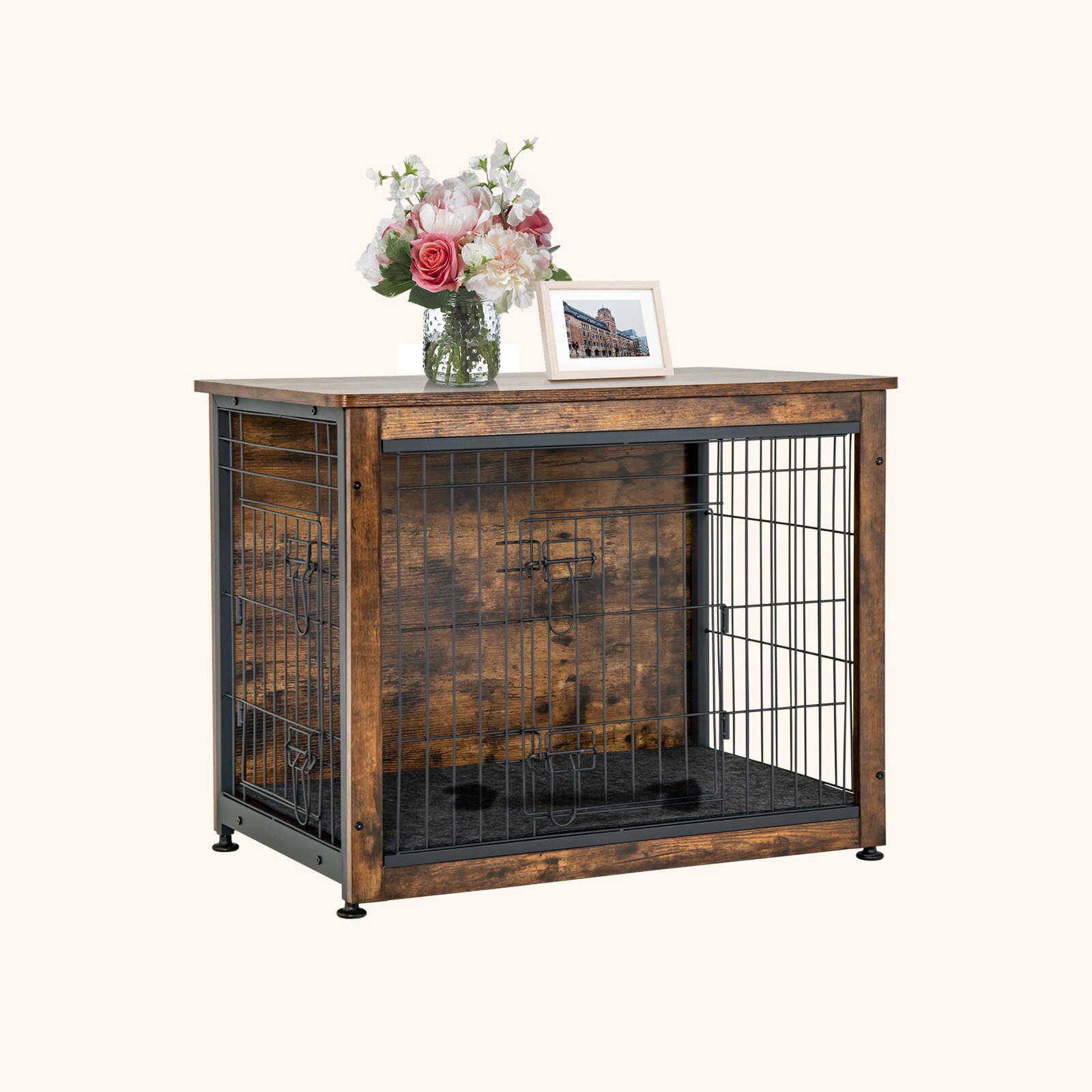 Furfurst Wooden Dog Cage Furniture with Double Doors and Cushion