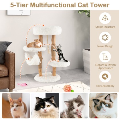 Furfurst 87 CM Tall Wooden Cat Tree with Jute Scratching Posts for Pet