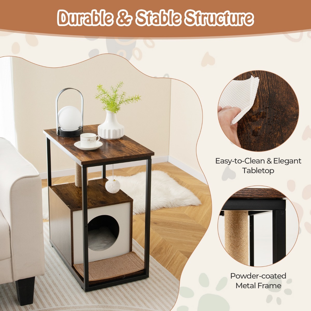 Furfurst Cat Furniture End Table with Scratching Post for Living Room, Bedroom