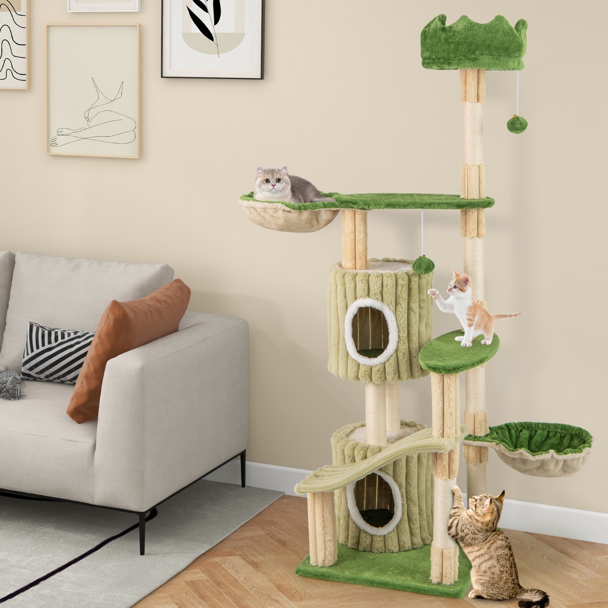 Furfurst Multi-Level Aesthetic Stripped Kitten Tower with 2 Condos and 2 Hammocks