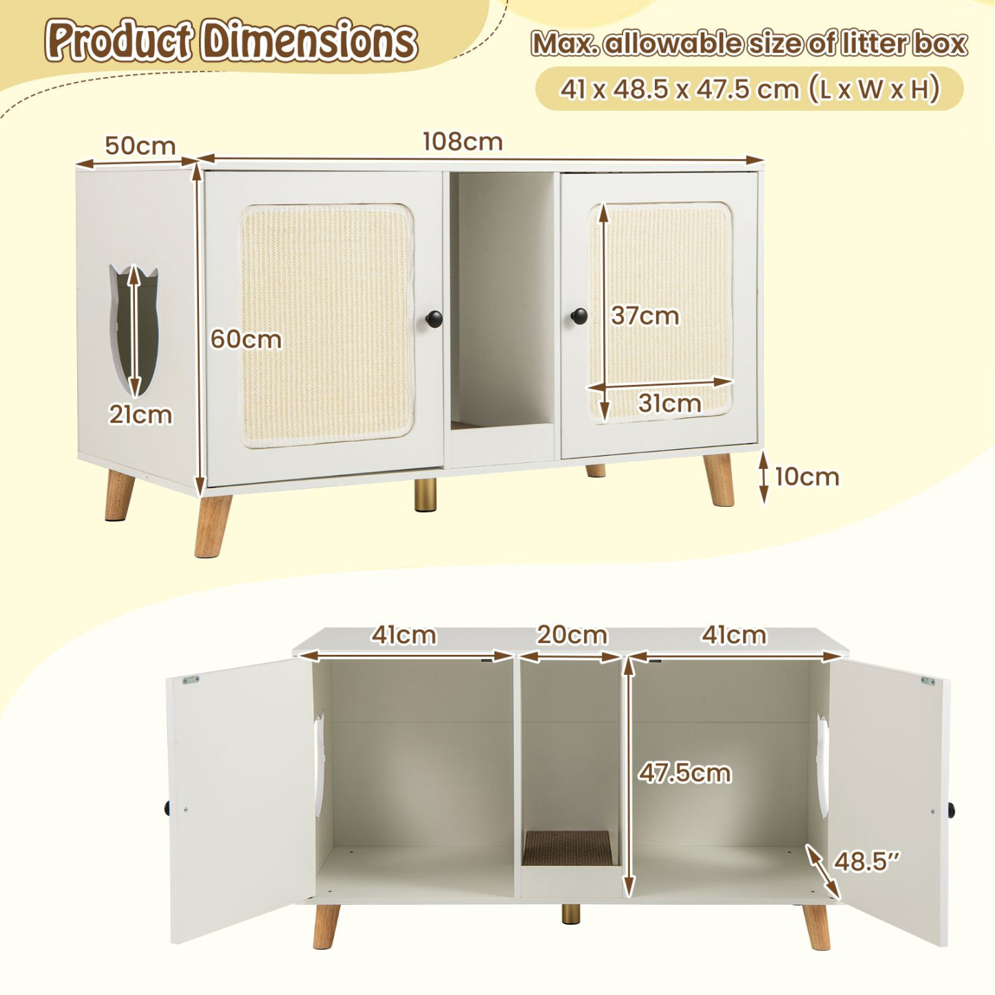 Cat Litter Box Enclosure for 2 Cats with Rooms and Sisal Scratching Mats-FURFURST