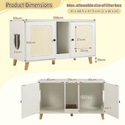 Furfurst Cat Litter Box Enclosure for 2 Cats with Rooms and Sisal Scratching Mats Without Cat Litter Box