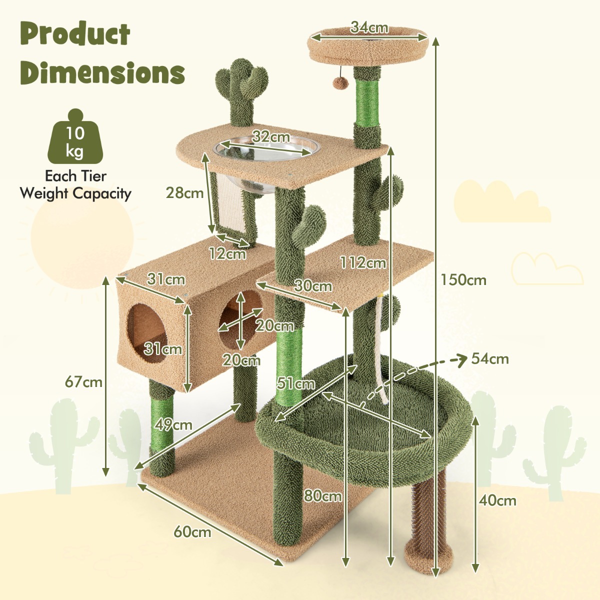 Furfurst 150cm Cactus Cat Tree for Indoor Cats with Sisal Scratching Posts and Board
