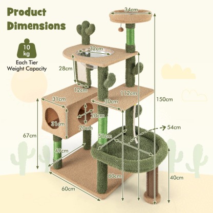 Furfurst 150cm Cactus Cat Tree for Indoor Cats with Sisal Scratching Posts and Board