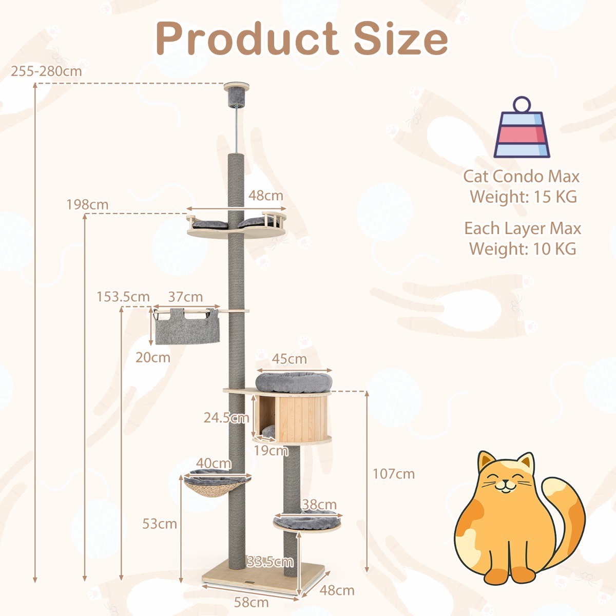 Furfurst 255-280cm Adjustable Height Floor-to-Ceiling Cat Tree with Cat Condo