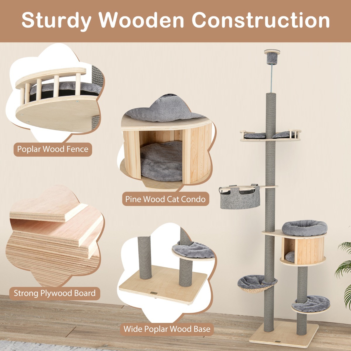Furfurst 255-280cm Adjustable Height Floor-to-Ceiling Cat Tree with Cat Condo