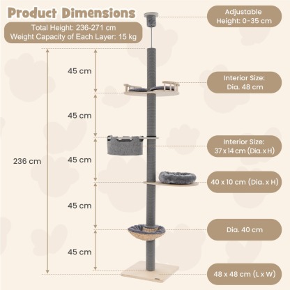 Furfurst Floor to Ceiling Cat Tree with 2.3-2.7m Adjustable Height for Indoor Kittens and Adult Cats