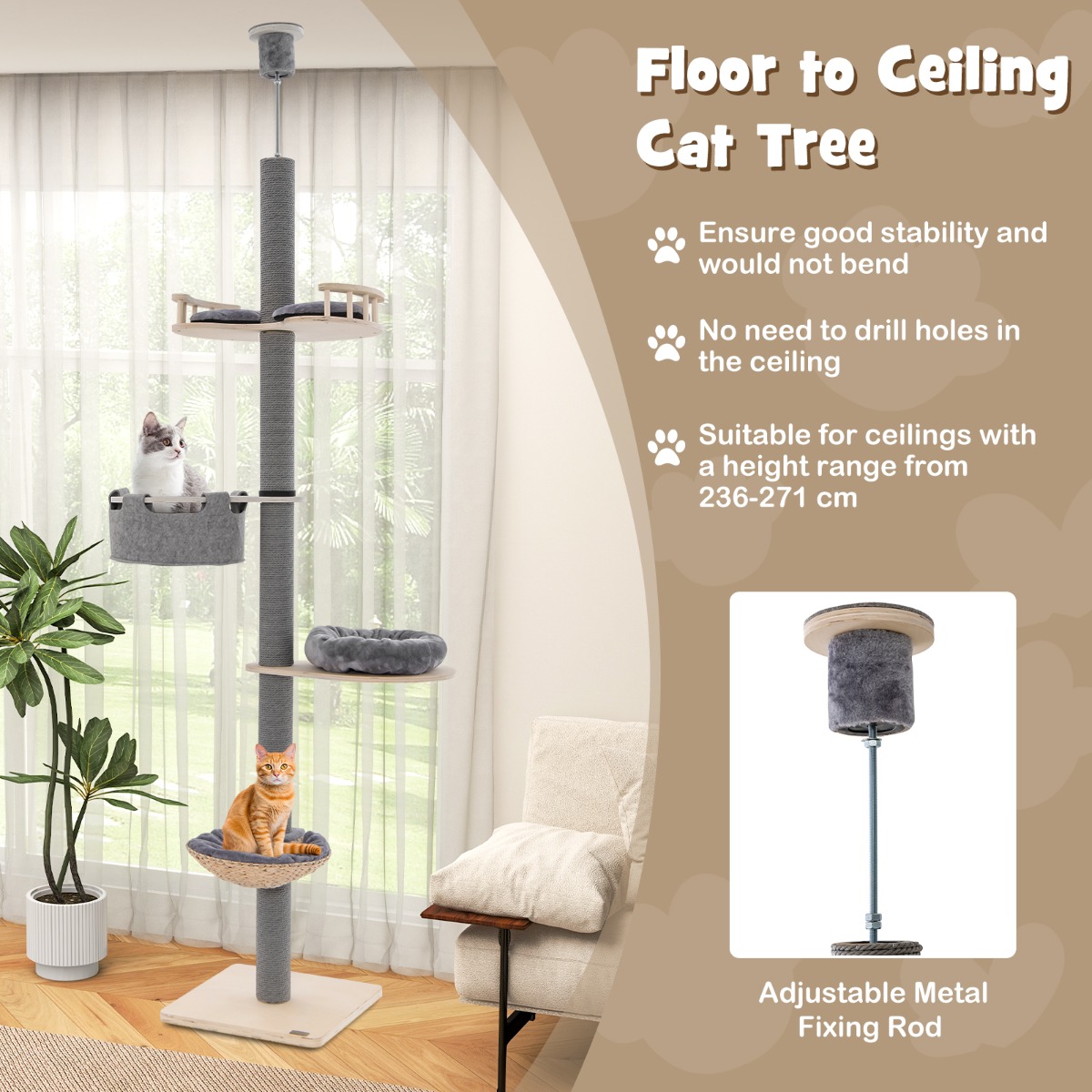 Furfurst Floor to Ceiling Cat Tree with 2.3-2.7m Adjustable Height for Indoor Kittens and Adult Cats