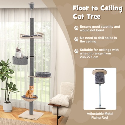 Furfurst Floor to Ceiling Cat Tree with 2.3-2.7m Adjustable Height for Indoor Kittens and Adult Cats