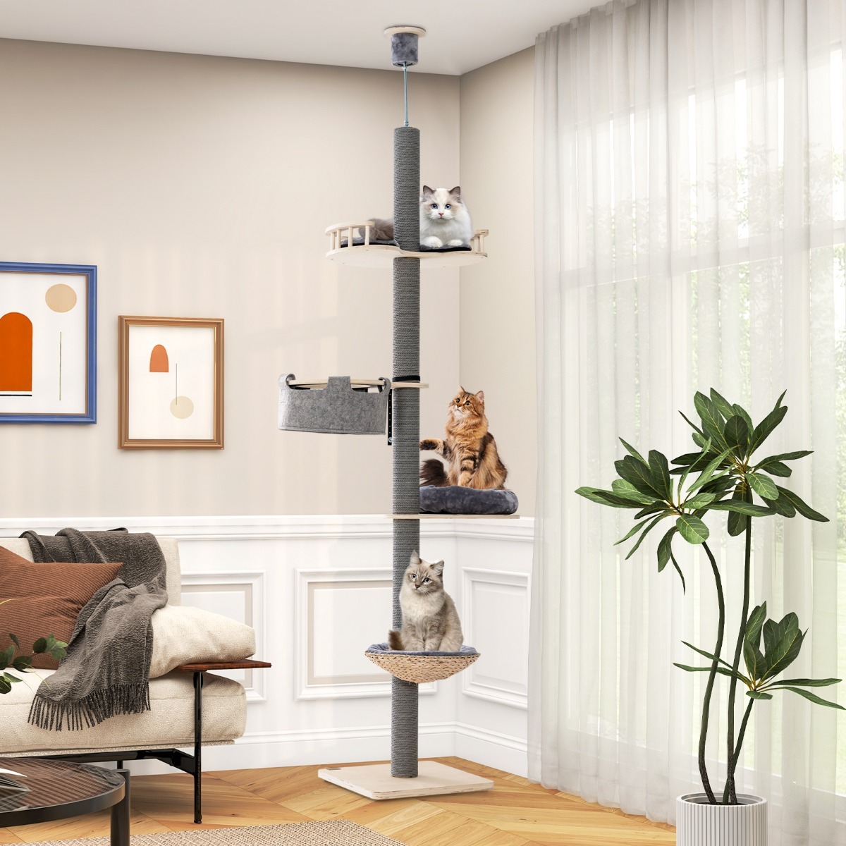 Furfurst Floor to Ceiling Cat Tree with 2.3-2.7m Adjustable Height for Indoor Kittens and Adult Cats
