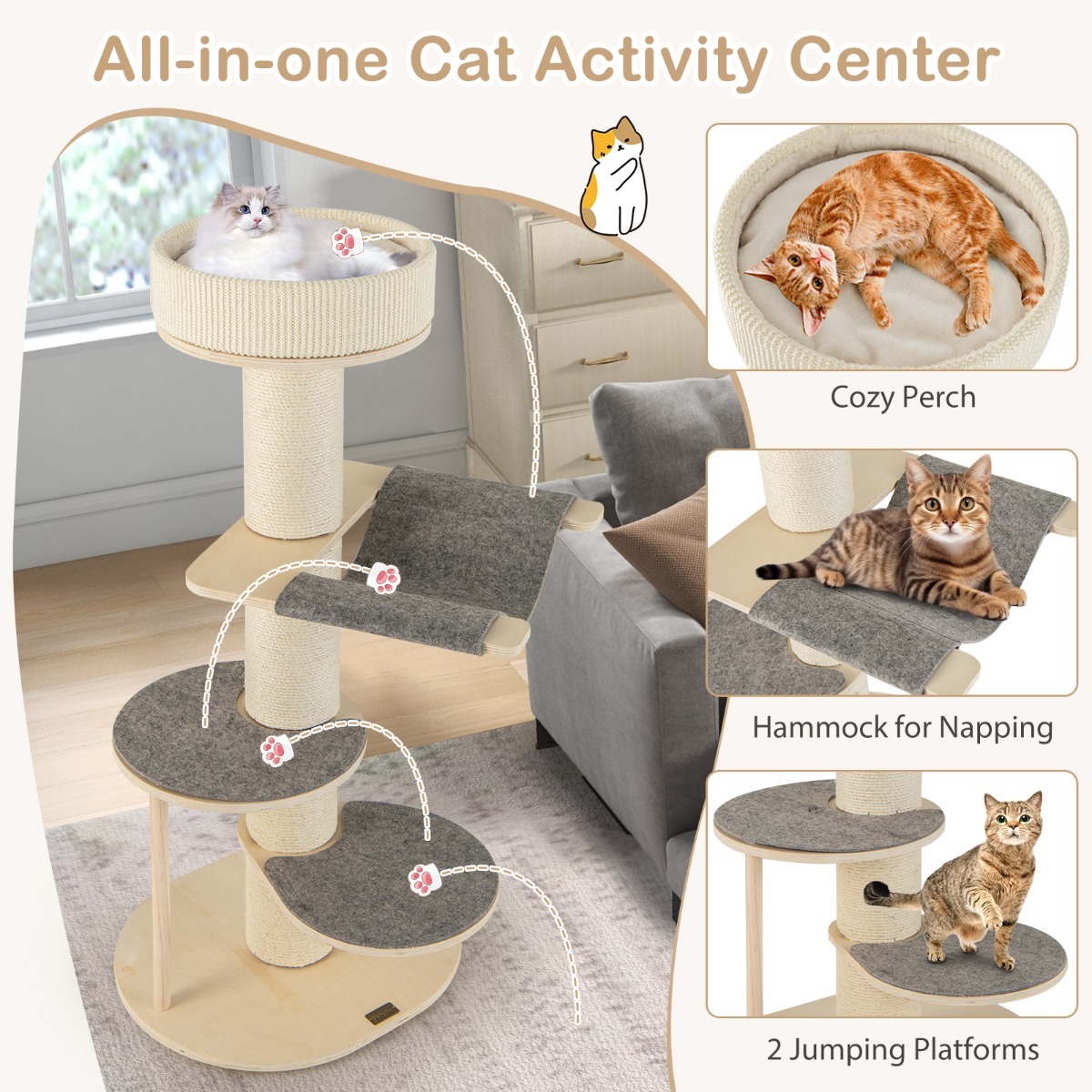 Furfurst Multi-level Wooden Cat Tower with Thickened Sisal Scratching Posts for Indoor Cats