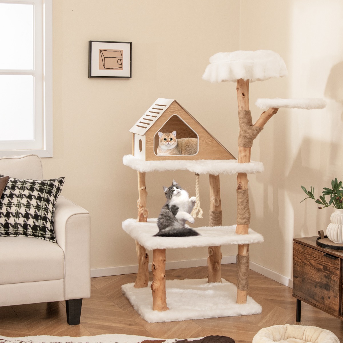 Furfurst 150cm Tall Solid Wood Cat Tree with 2 Perches and Condo
