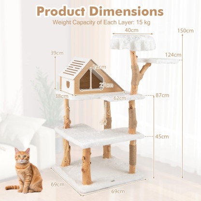 Furfurst 150cm Tall Solid Wood Cat Tree with 2 Perches and Condo