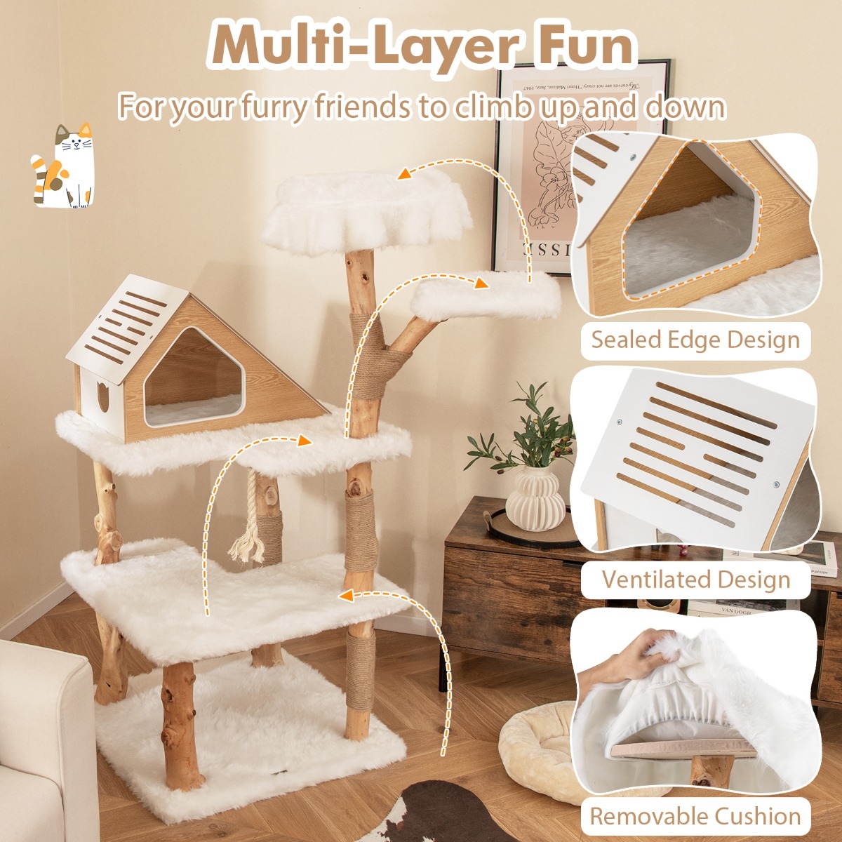 Furfurst 150cm Tall Solid Wood Cat Tree with 2 Perches and Condo