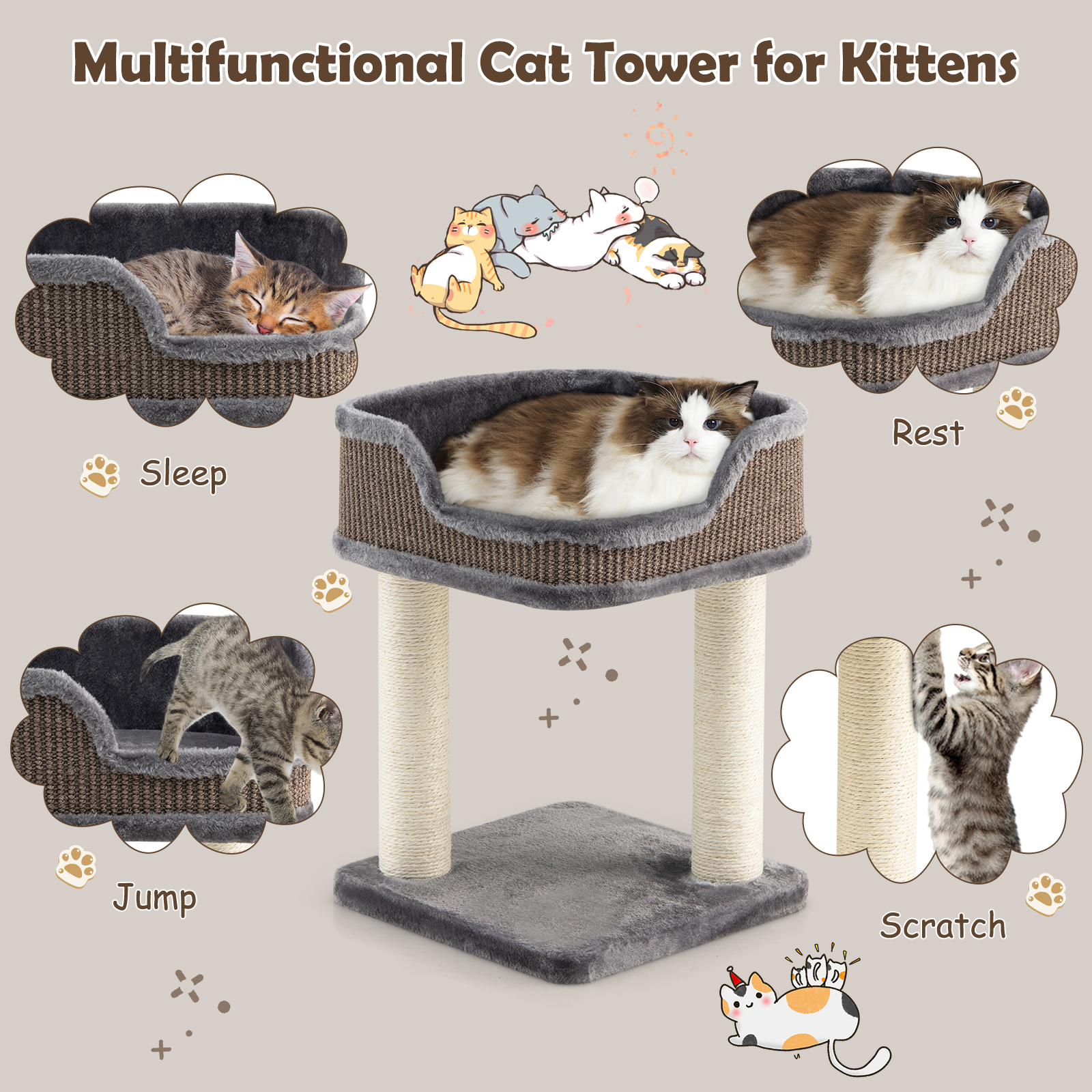 Compact Cat Tree Tower for Scratching, Relaxing & Sleeping
