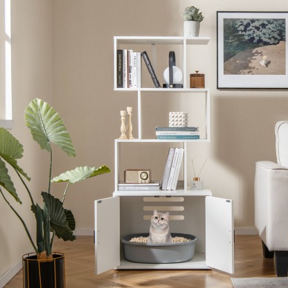 Furfurst Modern Cat Litter Box Enclosure with Storage Corner Bookshelf