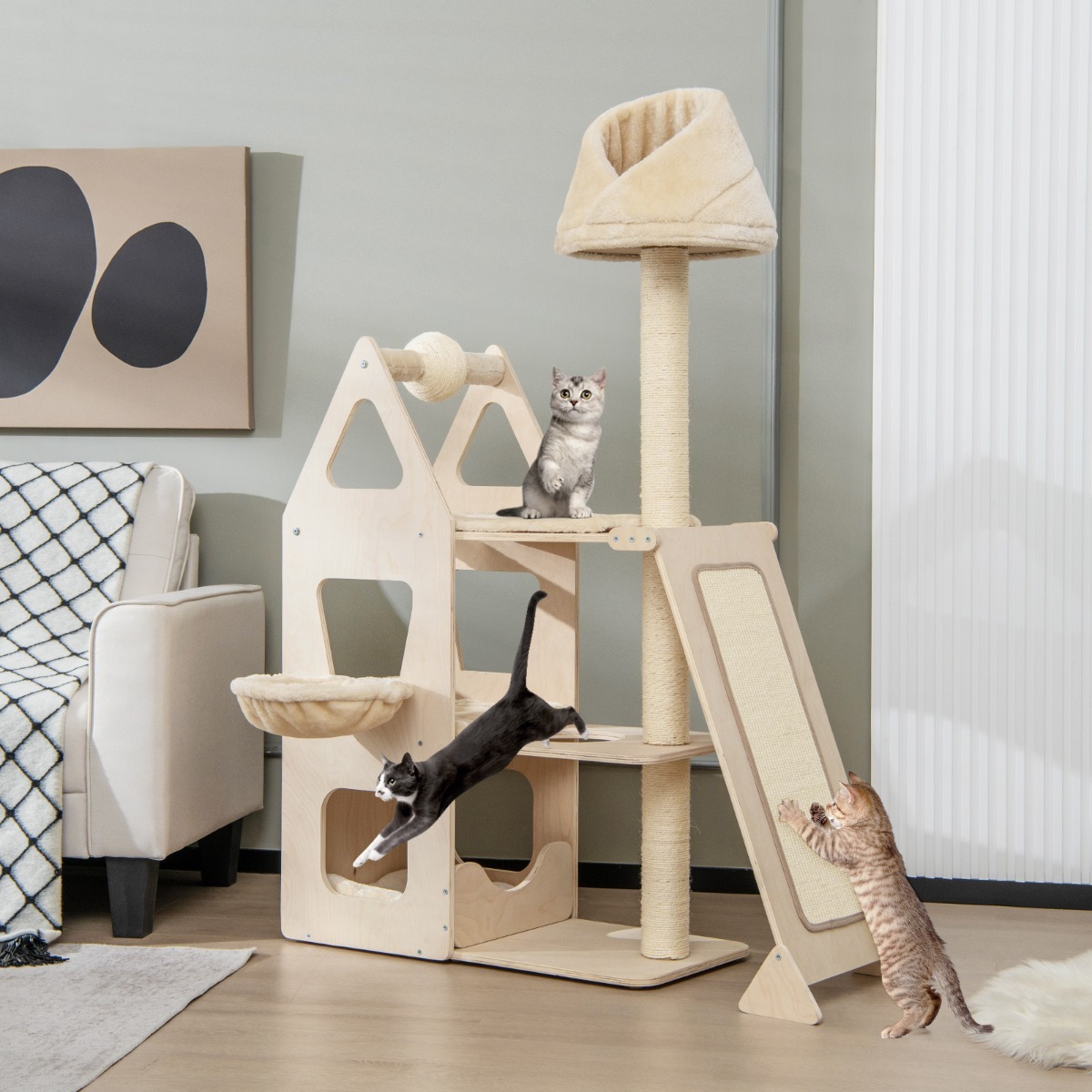 Furfurst Multi-Layer Wooden Cat Tree with Plush Perch for Kitten