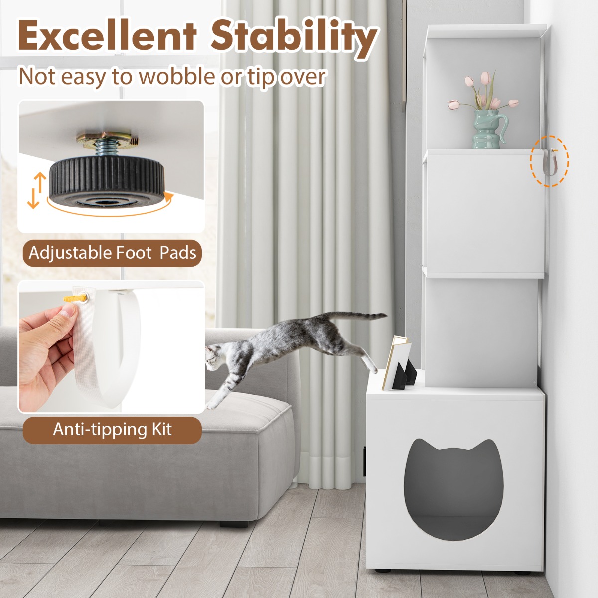 Furfurst Modern Cat Litter Box Enclosure with Storage Corner Bookshelf