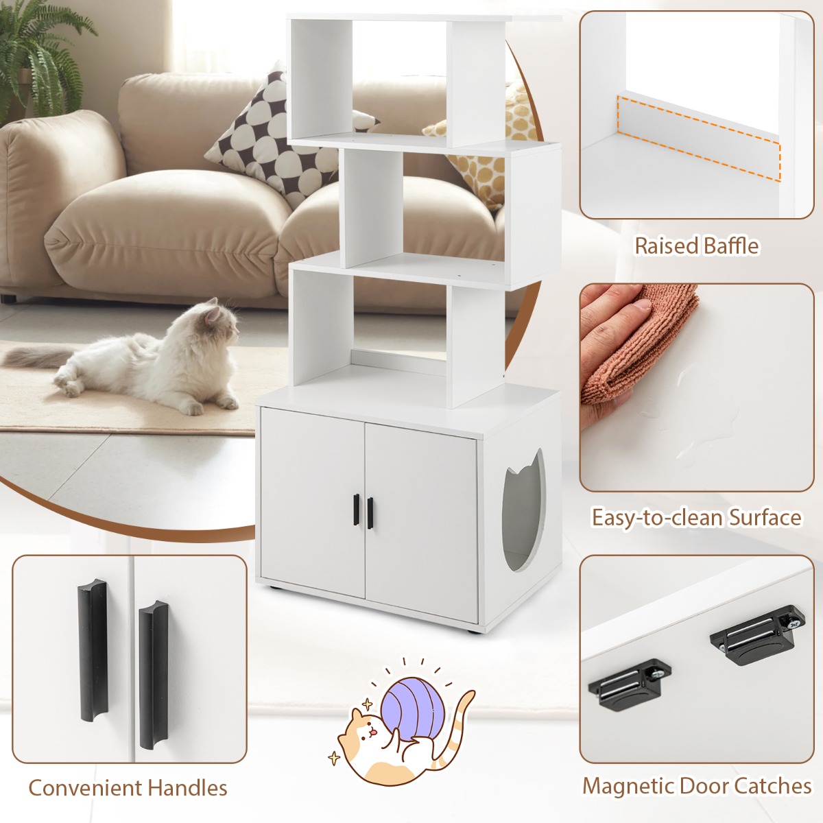 Furfurst Modern Cat Litter Box Enclosure with Storage Corner Bookshelf