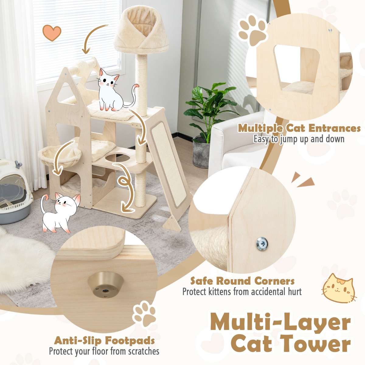 Furfurst Multi-Layer Wooden Cat Tree with Plush Perch for Kitten