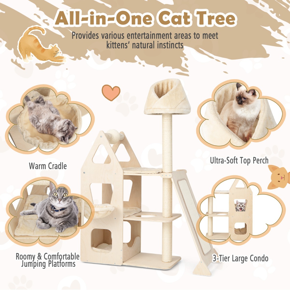 Furfurst Multi-Layer Wooden Cat Tree with Plush Perch for Kitten