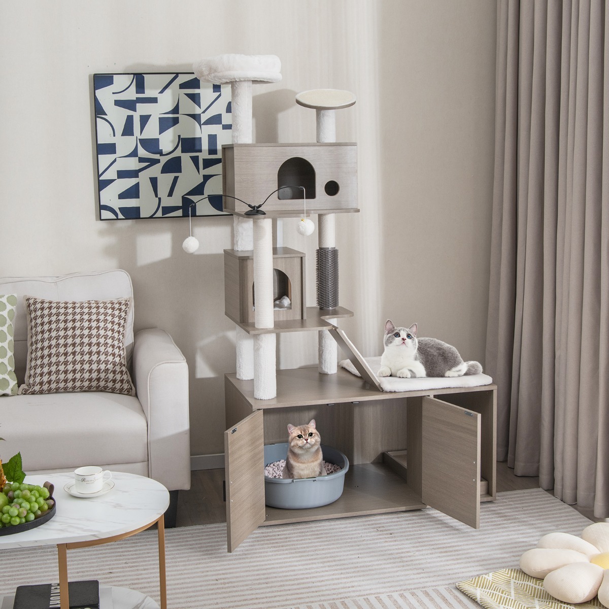Modern Cat Tower with Double Condos for Indoor Cars