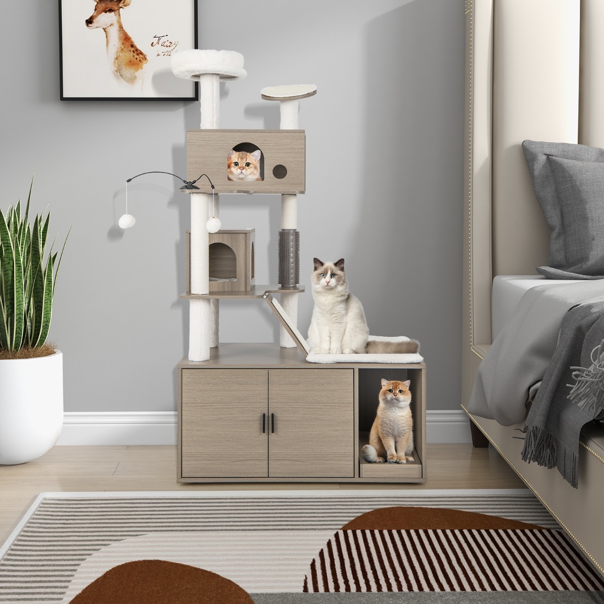 Modern Cat Tower with Double Condos for Indoor Cars