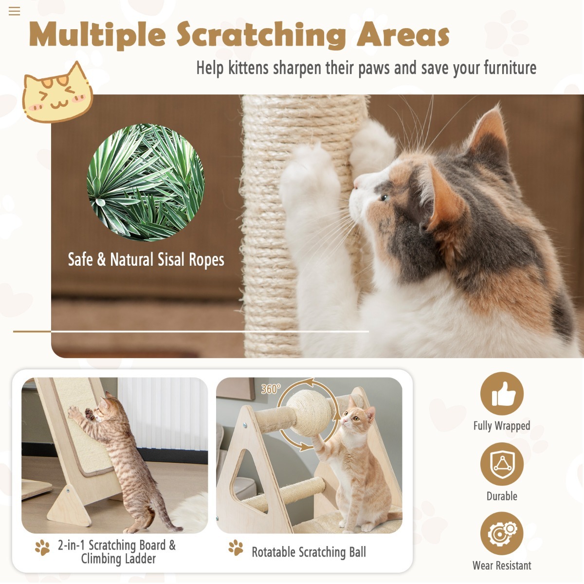 Furfurst Multi-Layer Wooden Cat Tree with Plush Perch for Kitten