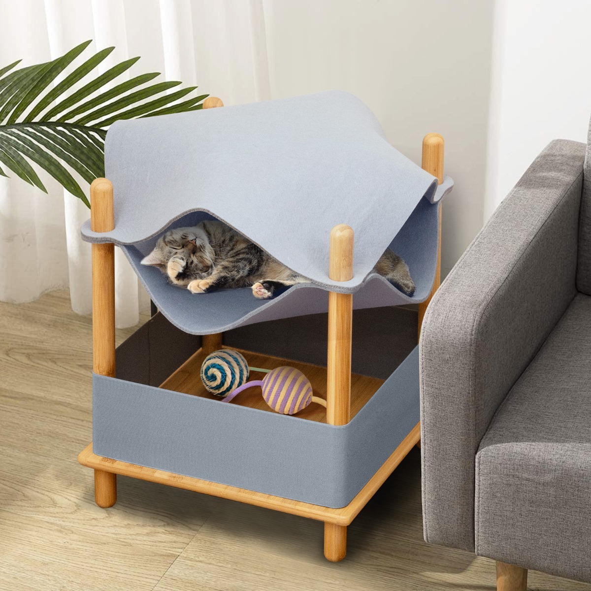 Furfurst 2-Tier Wooden Cat House with Semi-enclosed Condo and Removable Clothes