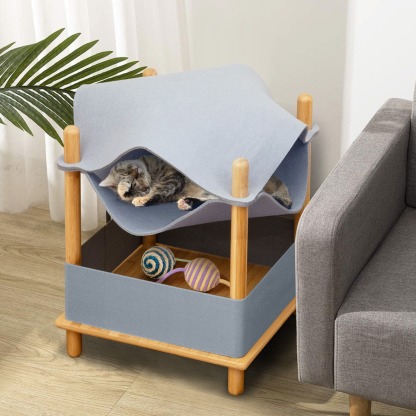 Furfurst 2-Tier Wooden Cat House with Semi-enclosed Condo and Removable Clothes