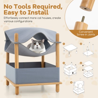 Furfurst 2-Tier Wooden Cat House with Semi-enclosed Condo and Removable Clothes