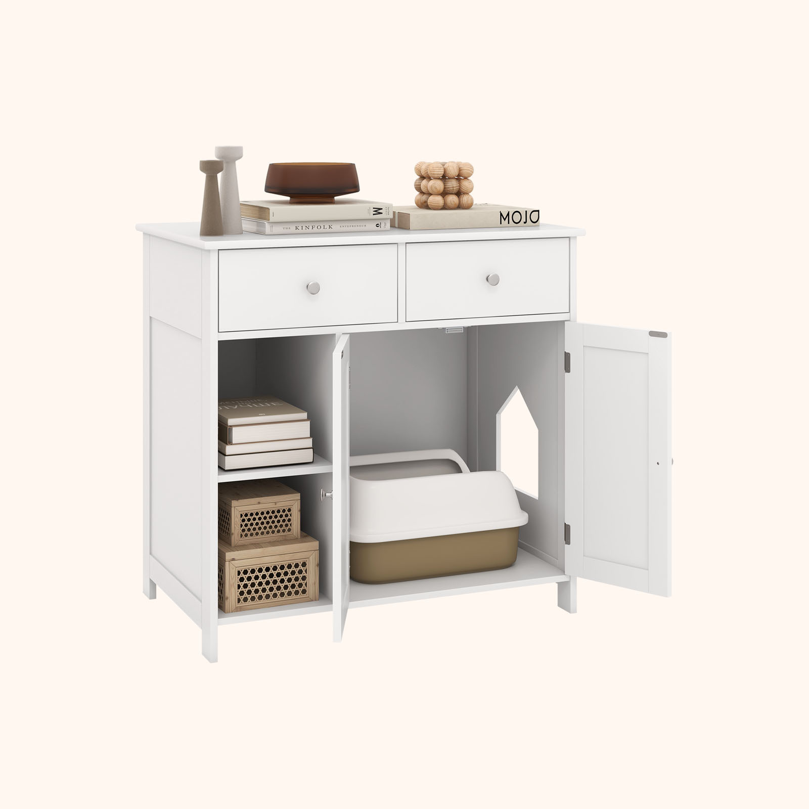 Furfurst Cat Litter Box Enclosure Washroom Side Cabinet Wooden House with Drawers