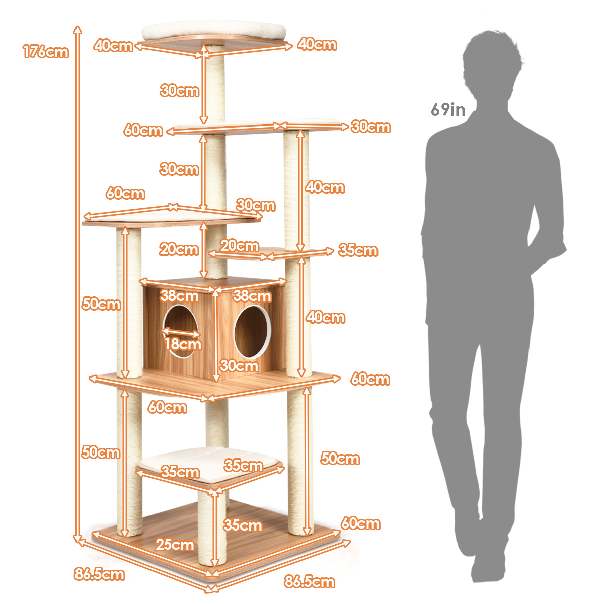 Furfurst 179 CM Tall 7-Layer Wooden Cat Tree with Sisal Scratching Posts