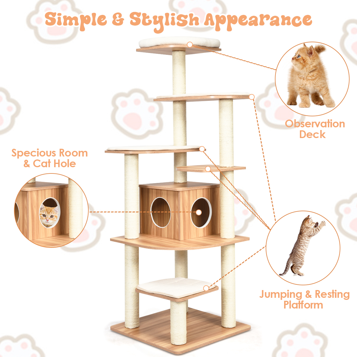 Furfurst 179 CM Tall 7-Layer Wooden Cat Tree with Sisal Scratching Posts