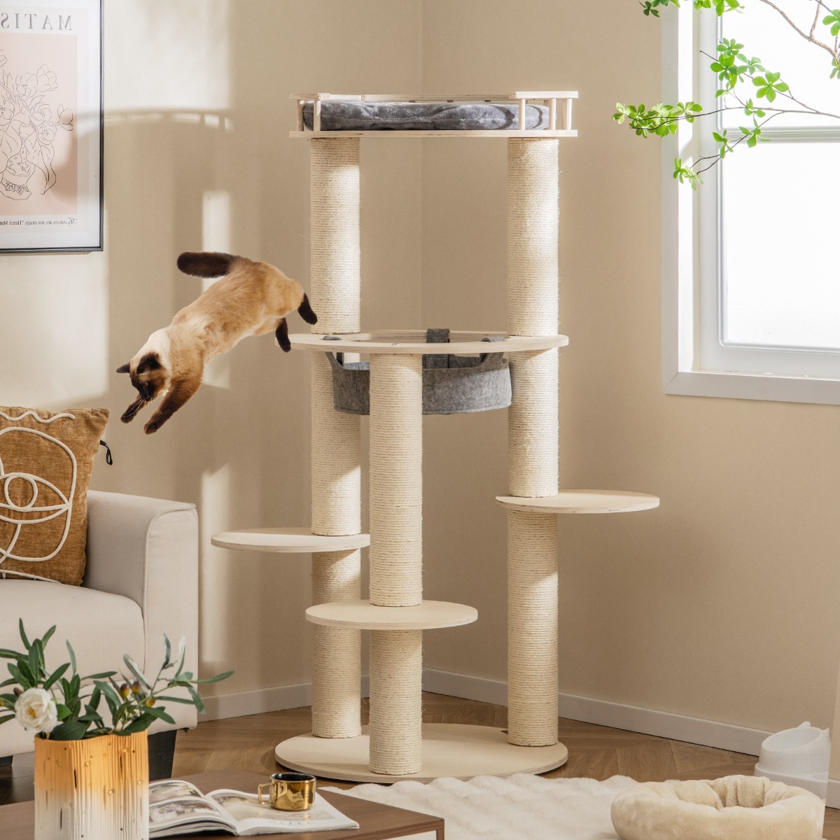 5-level Wooden Cat Tree Modern Cat Tower with Padded Perch