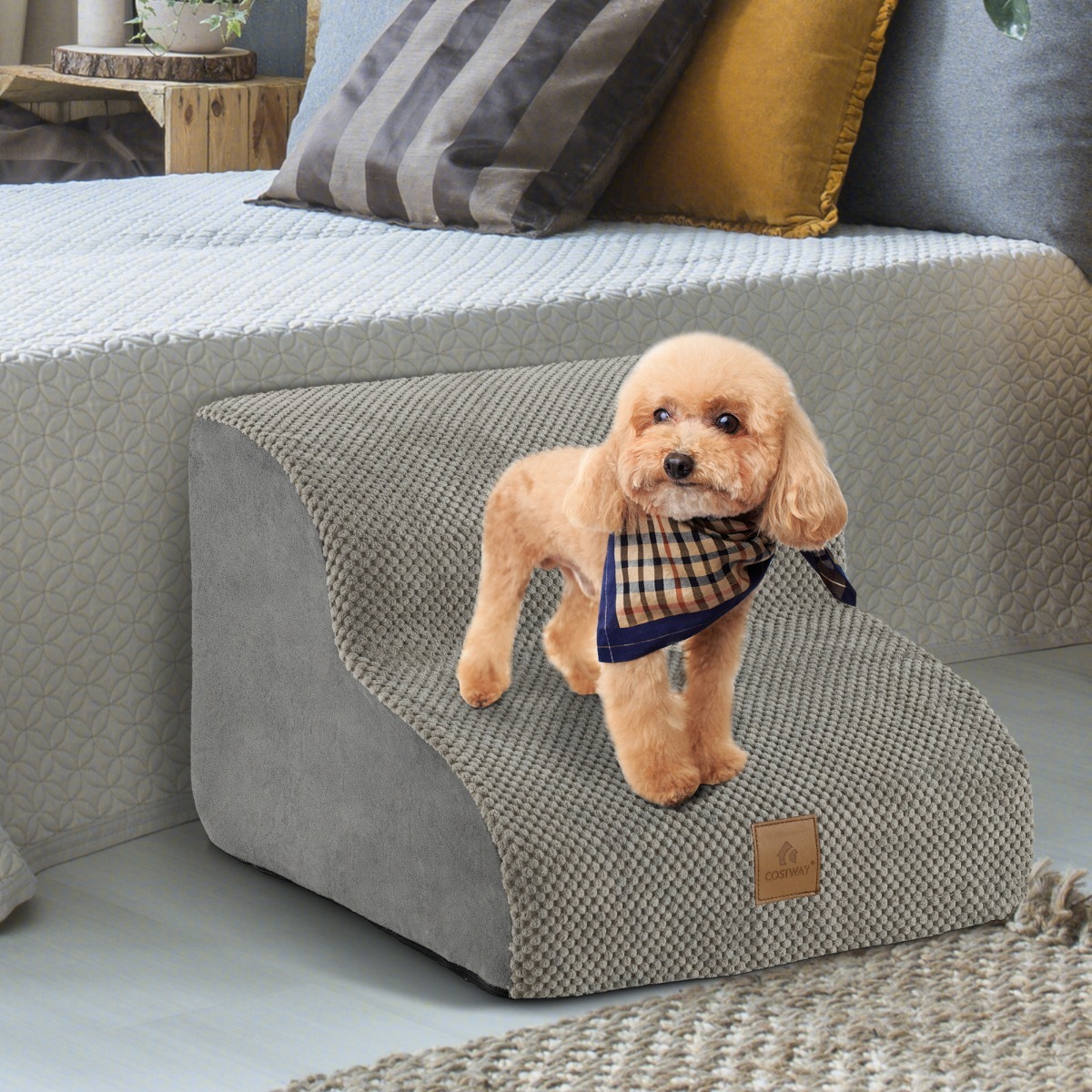 2-Tier High-Density Foam Dog Ramp Pet Stairs with Washable Cover