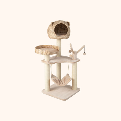 Furfurst 121cm Tall Cat Tree Tower Kitten Activity Center with Cattail Fluff Cat Condo