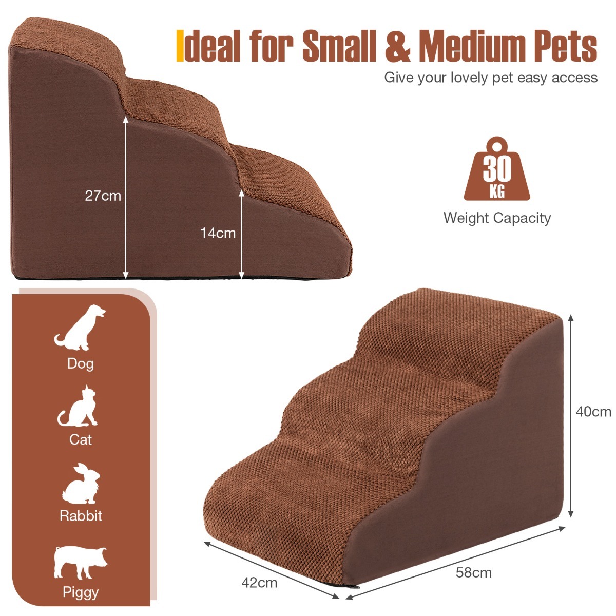 Furfurst 3-Tier Foam Dog Ramp with High-Density Sponge and Silicone Paw Prints