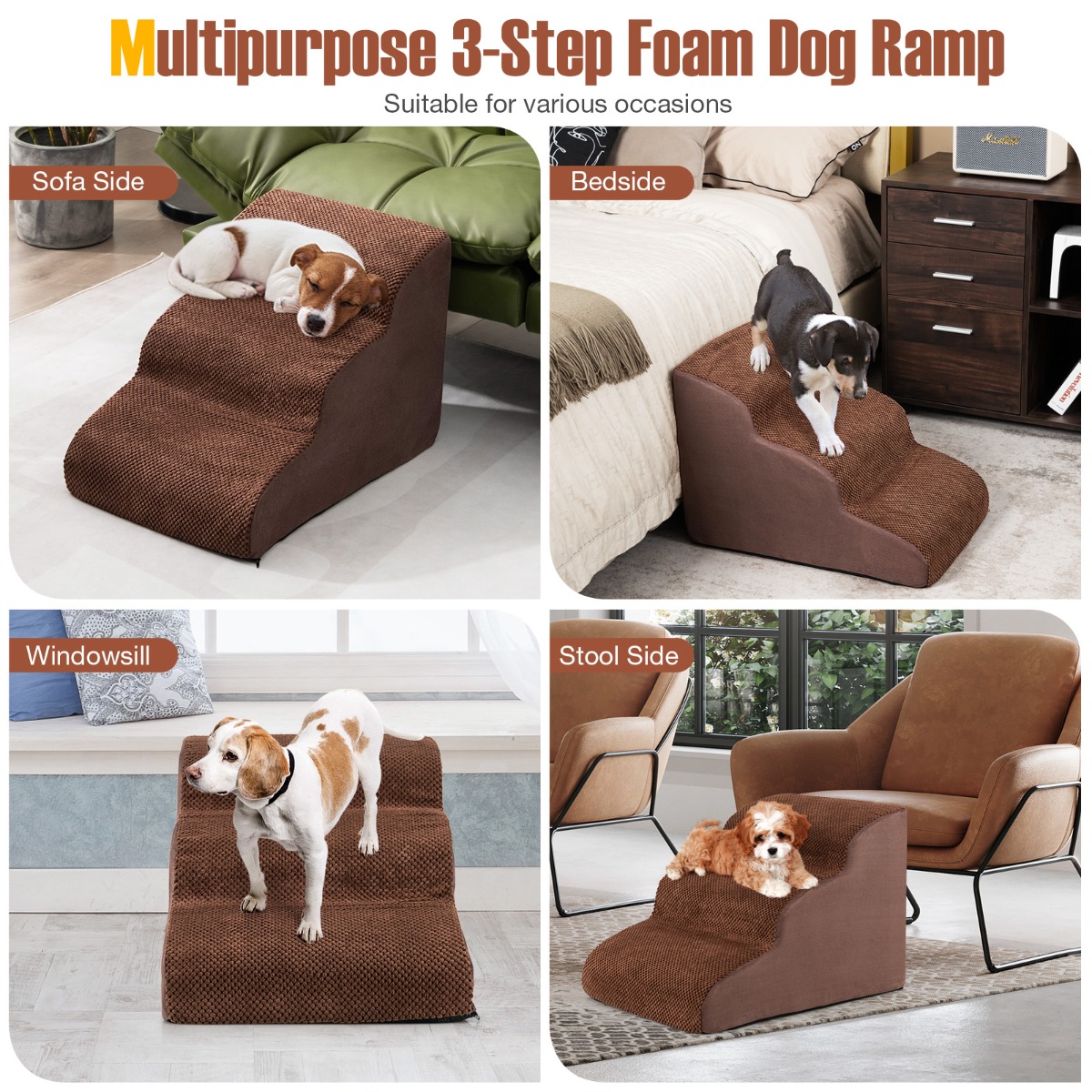 Furfurst 3-Tier Foam Dog Ramp with High-Density Sponge and Silicone Paw Prints