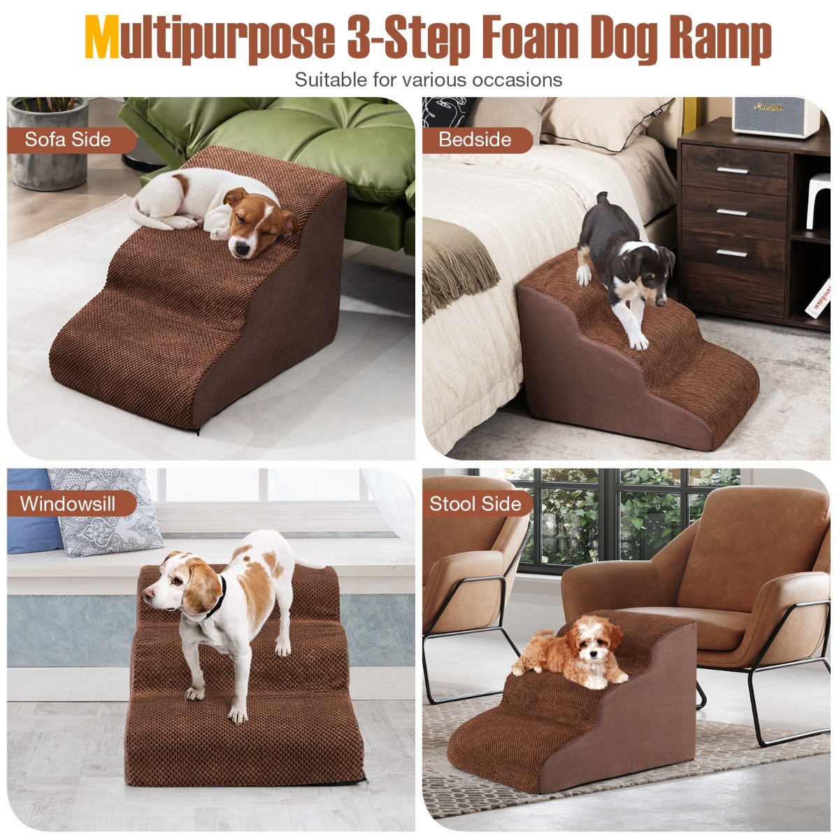 Furfurst 3-Tier Foam Dog Ramp with High-Density Sponge and Silicone Paw Prints